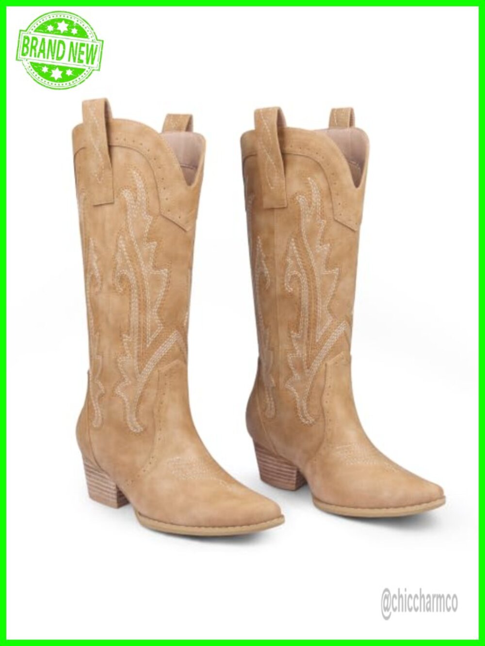 Mid Calf Cowboy Boots Faux Leather Pointed Toe Pull On Western